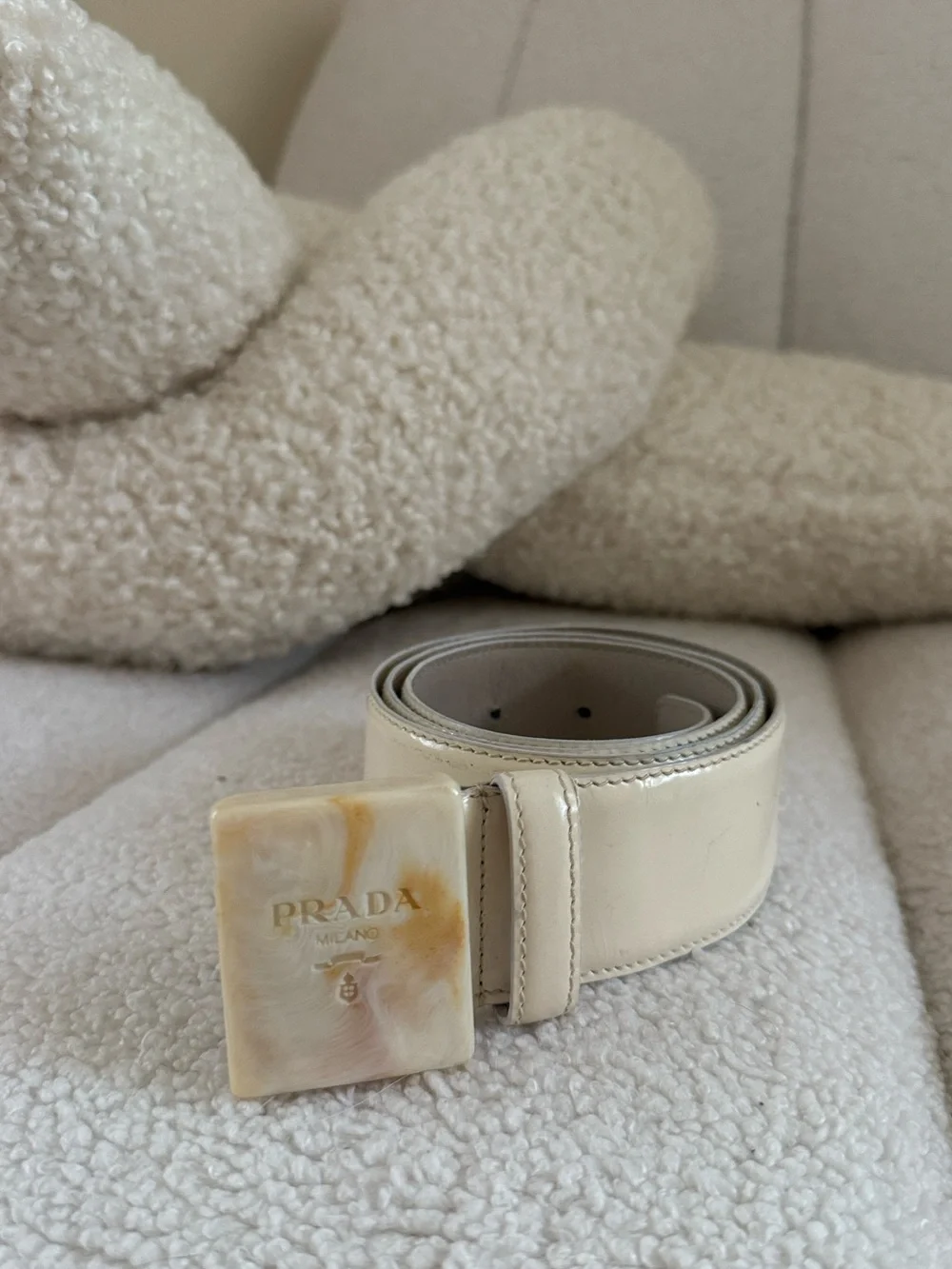 Vintage 90’s Prada Tortoiseshell Patent Leather Belt Ivory White 25 / 80 S
